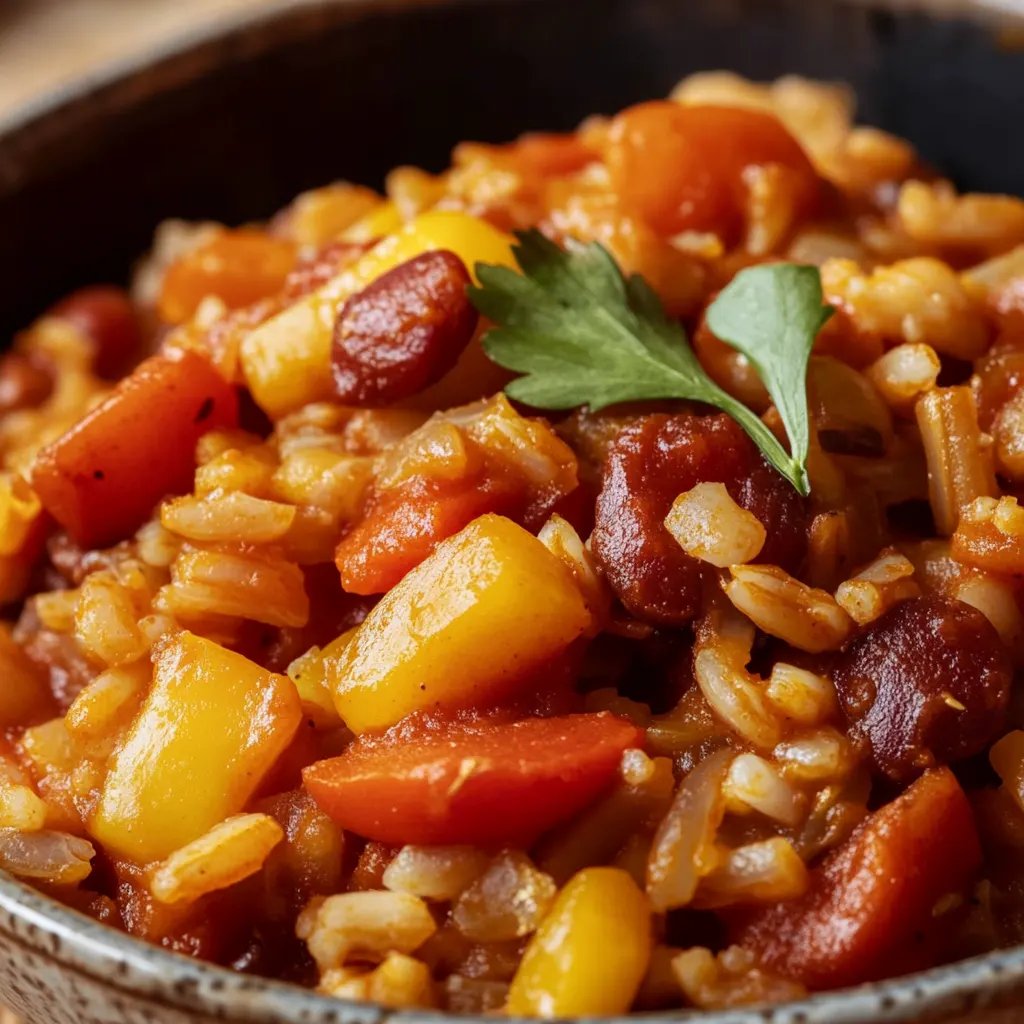 Vegetarische Reispfanne mit Kidneybohnen, Mais und Paprika