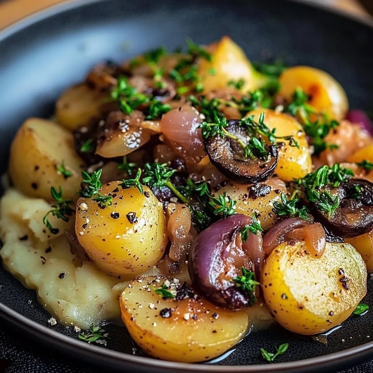 Pilzpfanne mit Rosenkohl & Kartoffelpüree