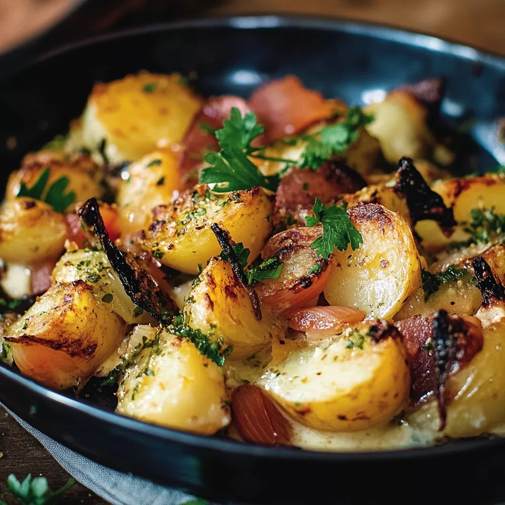 Kartoffel- und Rosenkohlauflauf mit Rinderbacon